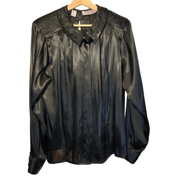 Amanda Smith Black Satin Blouse, Size 14 L – Elegant Vintage Style [0116] - Picture 1 of 9